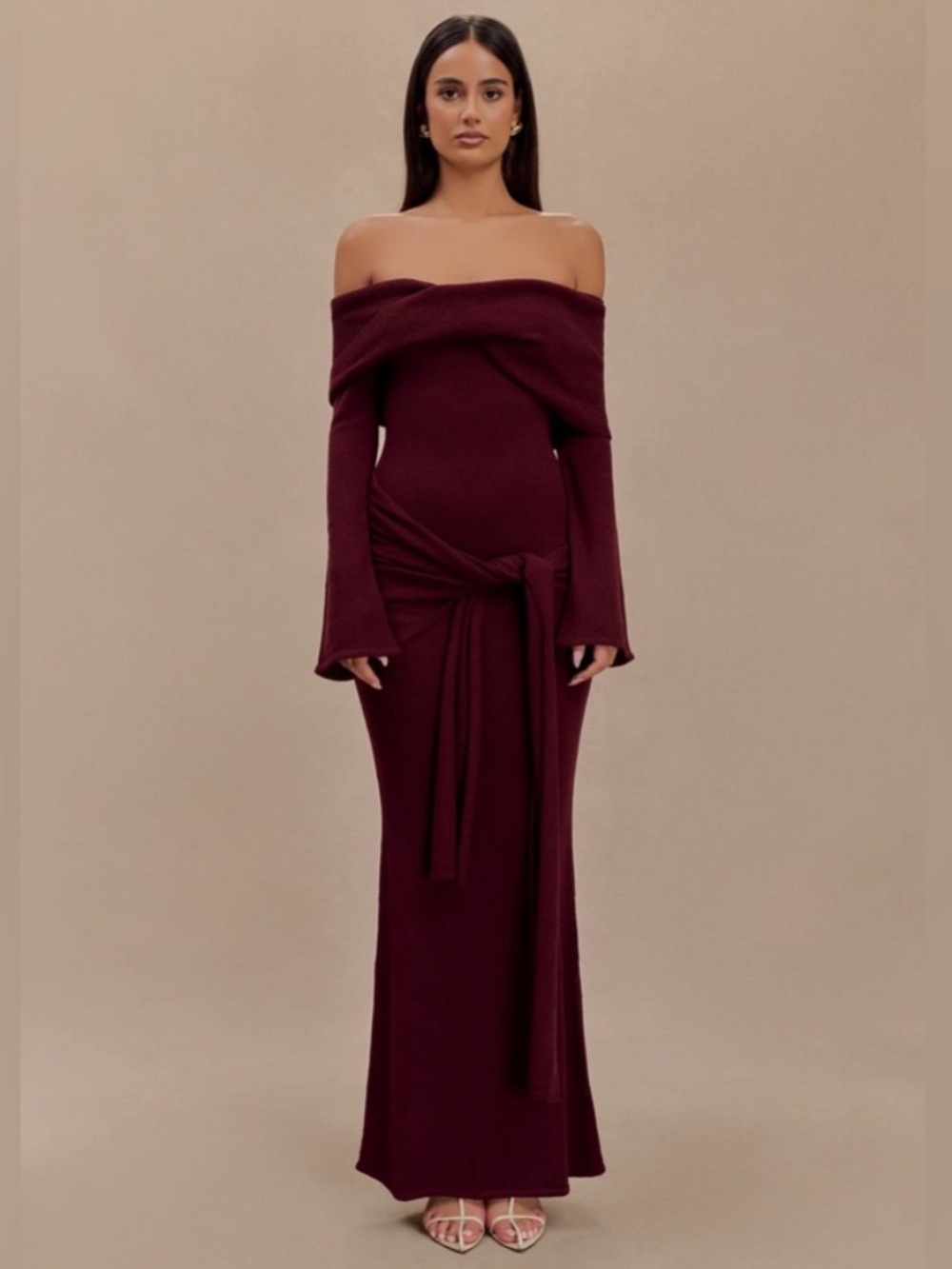 Meshki Cameron Off Shoulder Tie Maxi Dress Merlot XS
